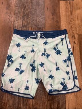Old Navy Men’s Light Green Swim Board Shorts with Navy Palm Print